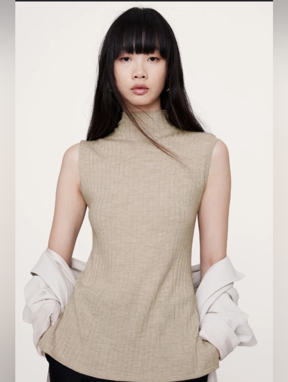 Merino Wool Sleeveless Ribbed Mock Neck Sweater Tank - Beige